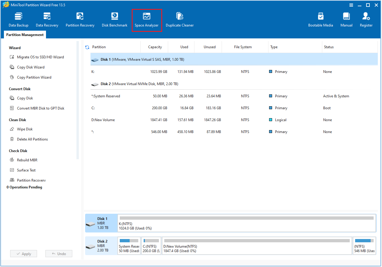 MiniTool Partition Wizard interface with the Space Analyzer option in the main interface.