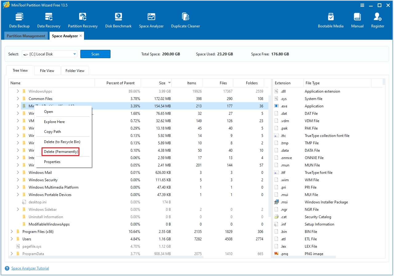 The interface of the Space Analyzer feature with the Selected Delete Permanently option.