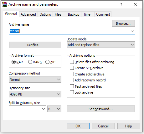 The Archive name and parameters interface with the selected OK option.