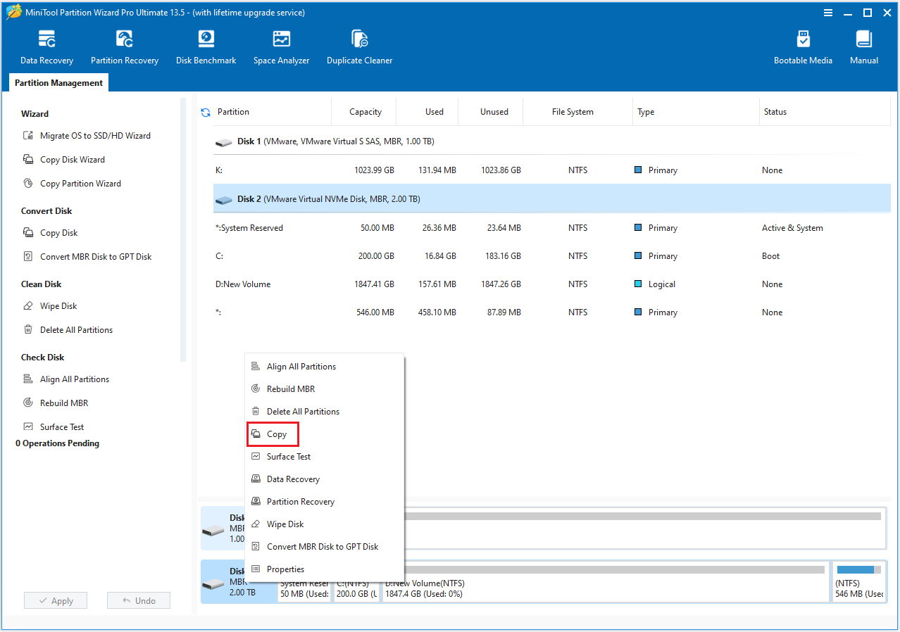 MiniTool Partition Wizard interface with the Copy option in the main interface.