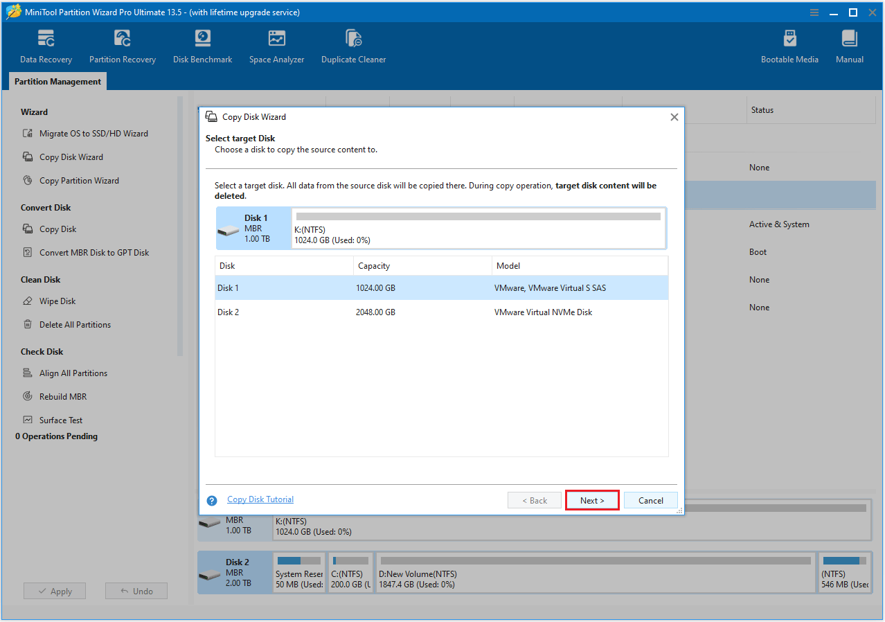 MiniTool Partition Wizard interface with the Select target Disk window to click the Next option.