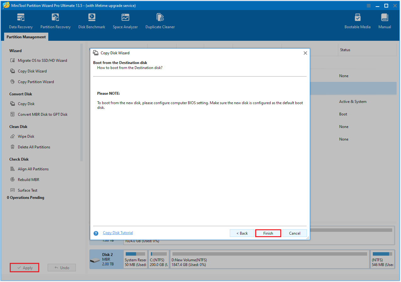 MiniTool Partition Wizard interface with the Boot from the Destination disk window to click the Finish and Apply option.