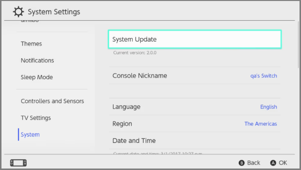 The interface of Switch System Settings with the System Update option.