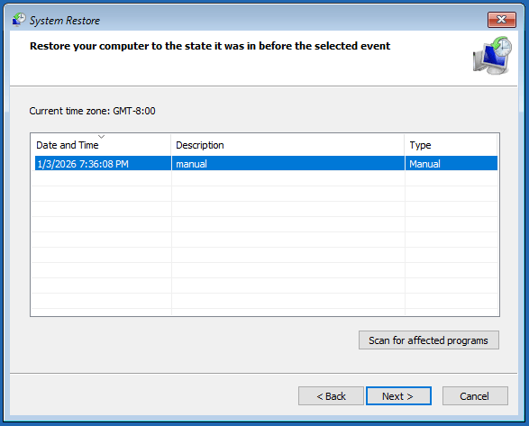 The System Restore window with the selected restore point.