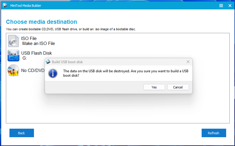 The MiniTool Media Builder interface with the Build USB boot disk note information.