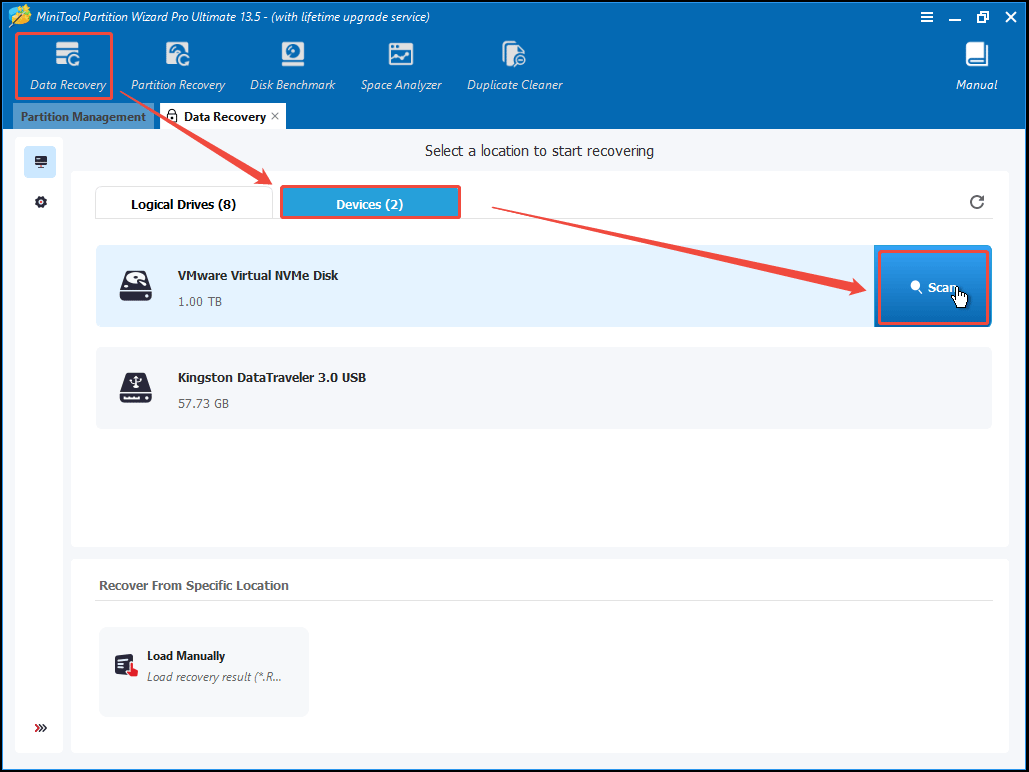 The bootable MiniTool Partition Wizard Data Recovery interface with the Scan button on the system disk.