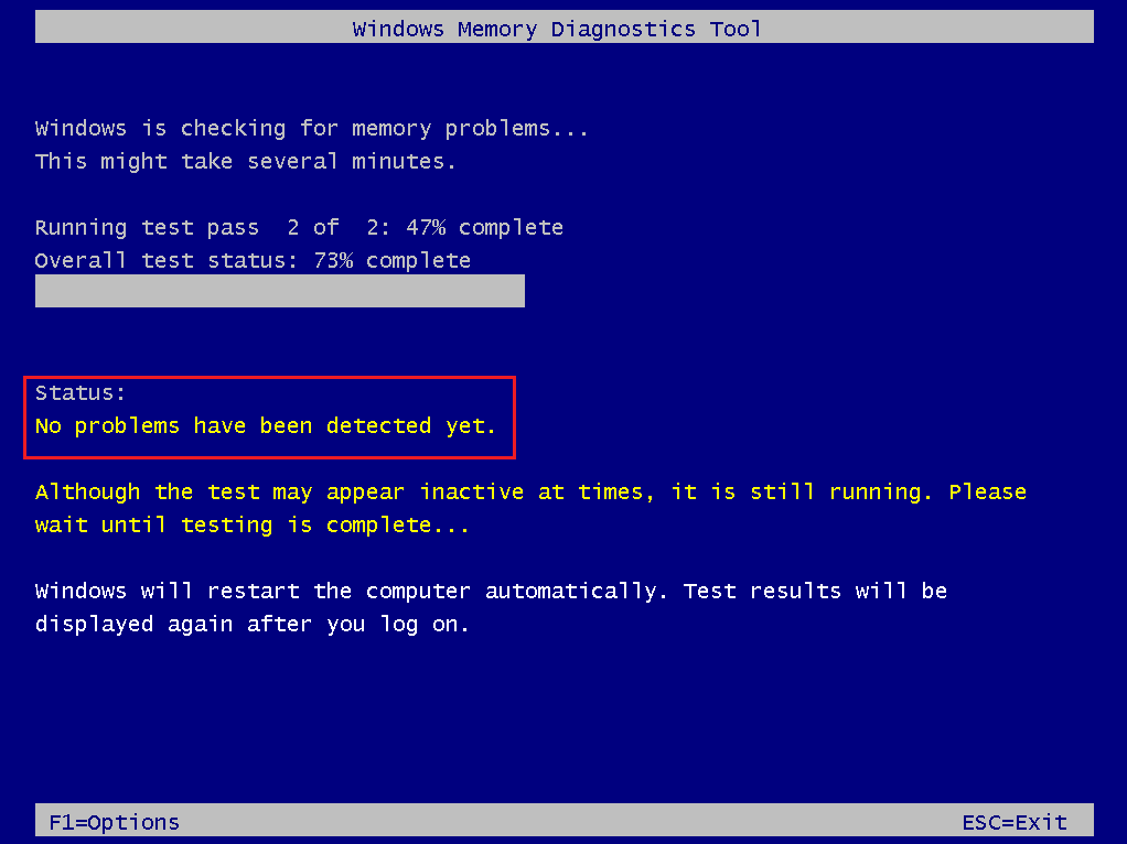 The Windows Memory Diagnostics Tool interface with the test in progress.