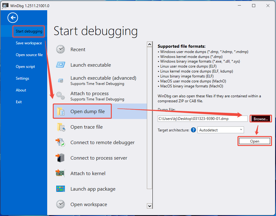 WinDbg interface with the Start debugging tab showing the process to open a dump file.
