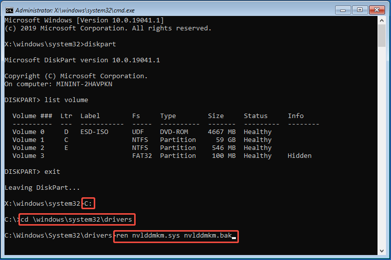 The Command Prompt window in WinRE with the commands used to rename a driver file.