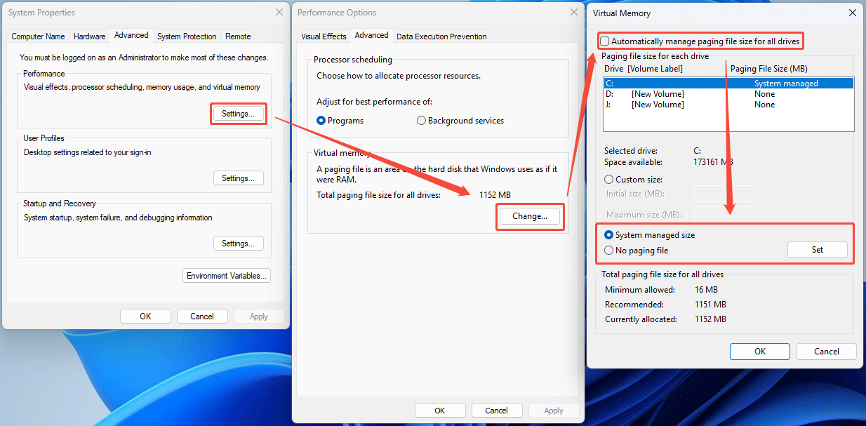 The Virtual Memory window with the selected System managed size option for the C drive.