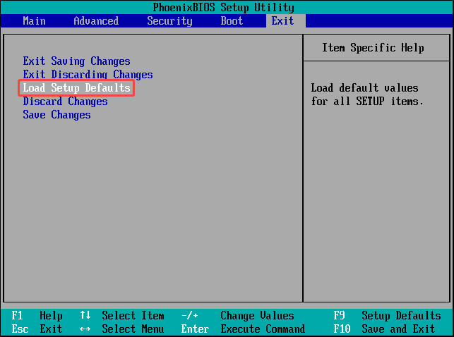 The BIOS interface with the selected Load Setup Defaults option in the Exit tab.