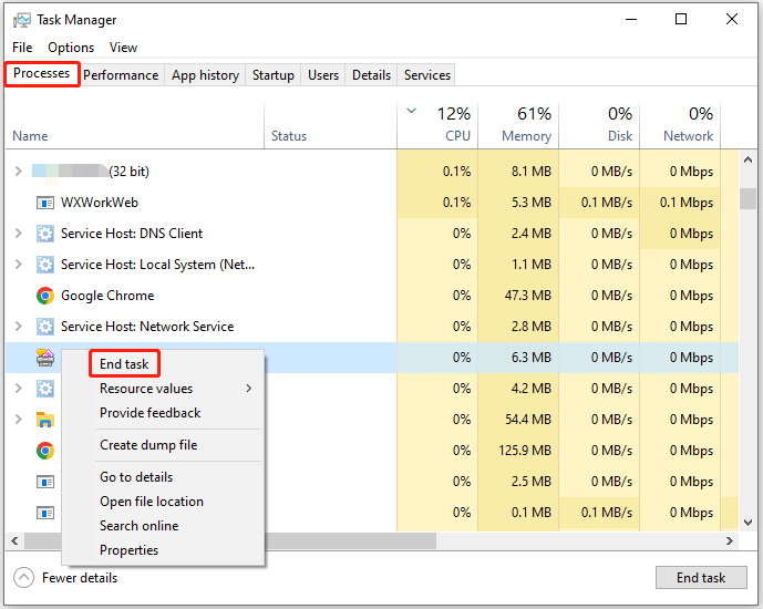 The End task option selected to close unnecessary processes in the Task Manager interface.
