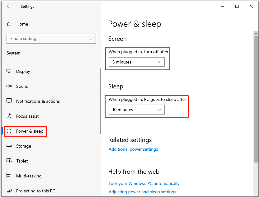 The process of adjusting screen and sleep settings in the Settings interface.