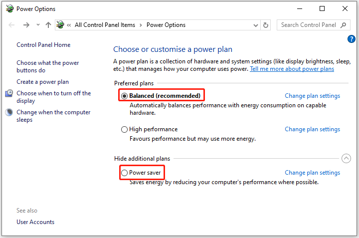 The Power Options interface with the Balanced or Power saver power plan selected.