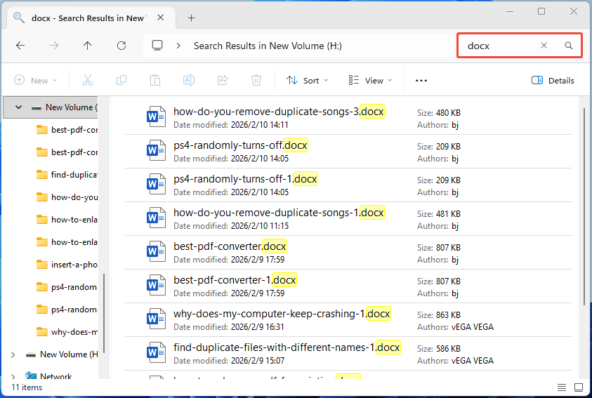 Windows File Explorer with the word docx in the search box.