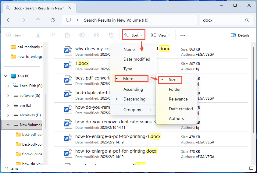 Windows File Explorer with the Sort menu and the selected size option.