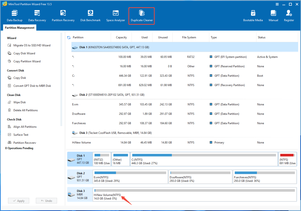 The MiniTool Partition Wizard interface with the selected Duplicate Cleaner feature.
