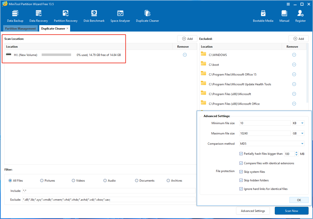 The MiniTool Partition Wizard Duplicate Cleaner interface with the opened Advanced Settings window.