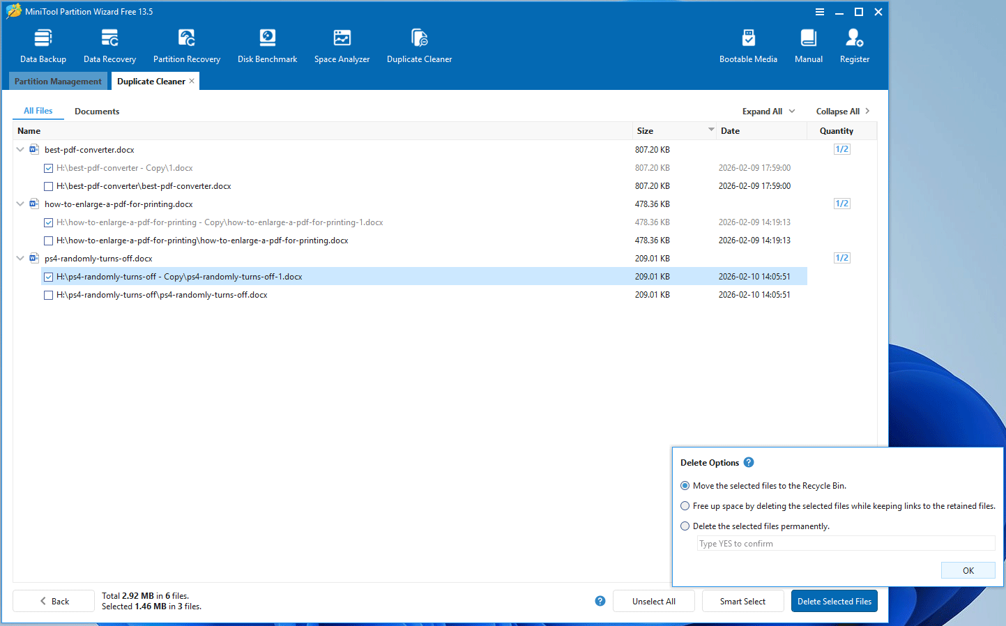 The MiniTool Partition Wizard Duplicate Cleaner interface with the selected duplicate files and the delete option.
