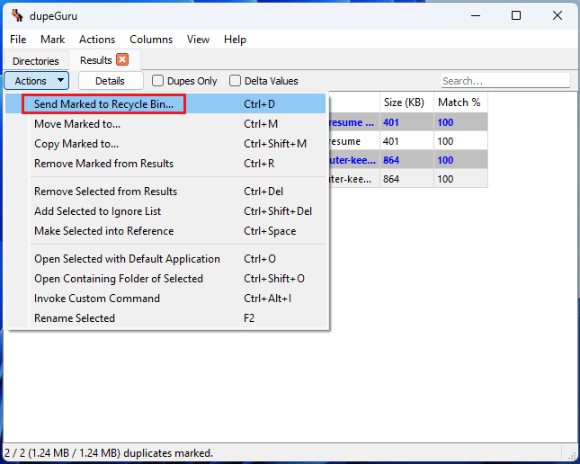 The dupeGuru interface with the selected Send Marked to Recycle Bin action.