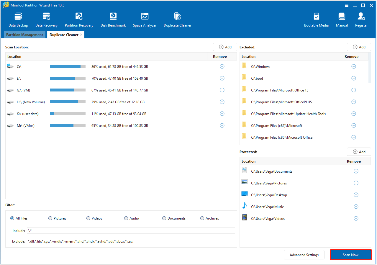 The Scan Now option selected in the bottom right corner of the MiniTool Partition Wizard interface.
