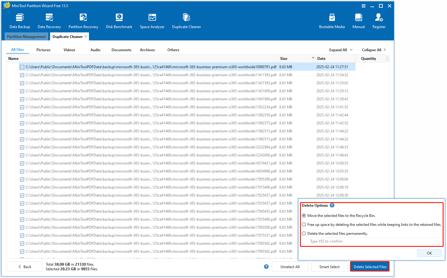 The Delete Selected Files option selected in the bottom right corner of the MiniTool Partition Wizard interface.