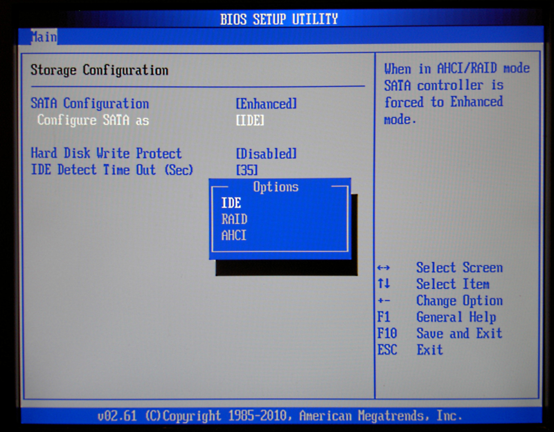 The BIOS interface with the selected AHCI option.