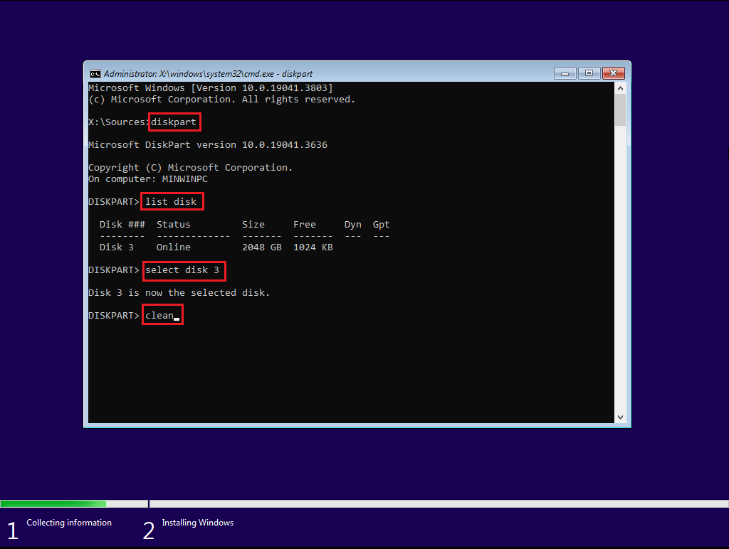 The Command Prompt interface with the commands to clean the hard drive.