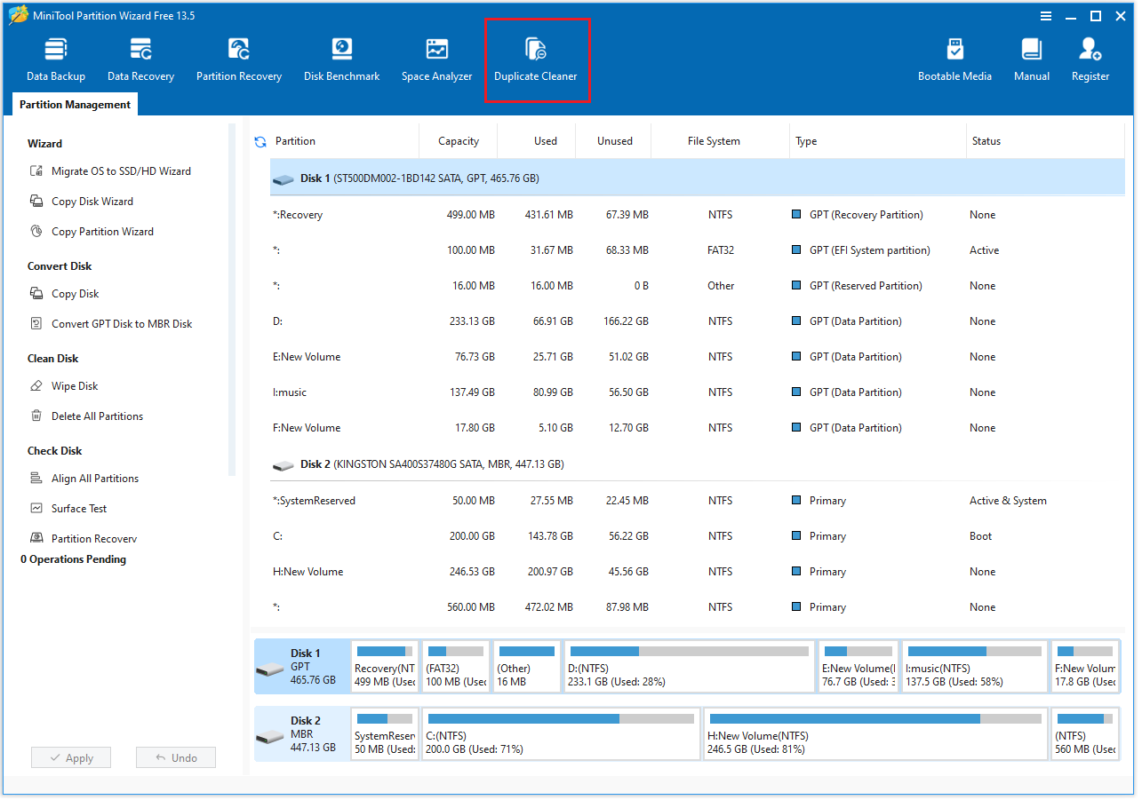MiniTool পার্টিশন উইজার্ড প্রধান ইন্টারফেস ডুপ্লিকেট ক্লিনার বিকল্পের সাথে নির্বাচন করা হয়েছে।