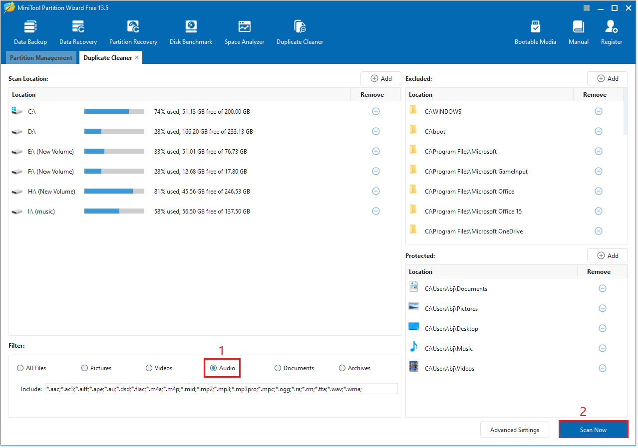 MiniTool পার্টিশন উইজার্ড ডুপ্লিকেট ক্লিনার ইন্টারফেস সহ স্ক্যান নাও বিকল্প নির্বাচন করা হয়েছে।