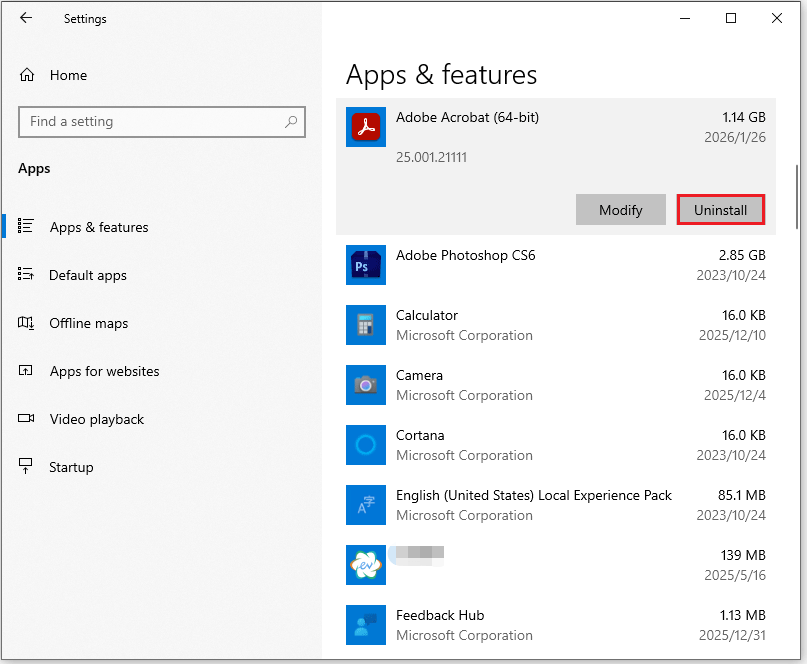The App and features interface with the selected Uninstall option.
