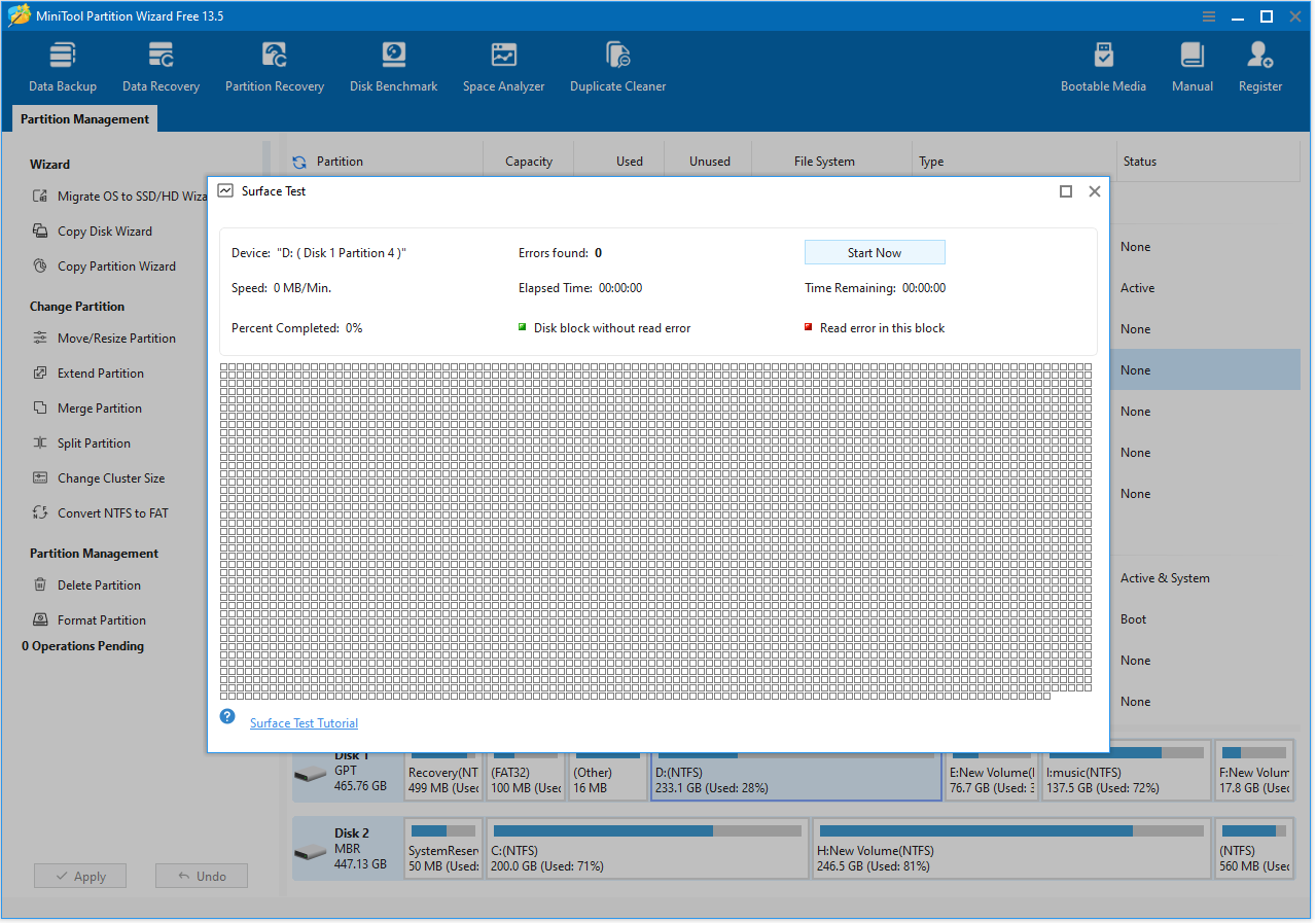 The Surface Test interface of MiniTool Partition Wizard with the selected Start Now option.