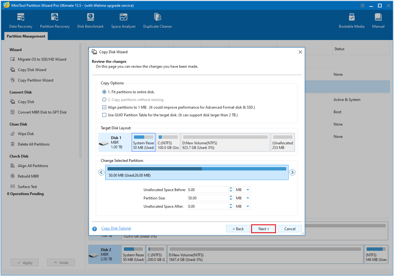 The Copy Options interface of MiniTool Partition Wizard.
