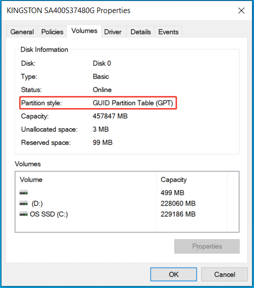 The disk properties window with selected partition style information.