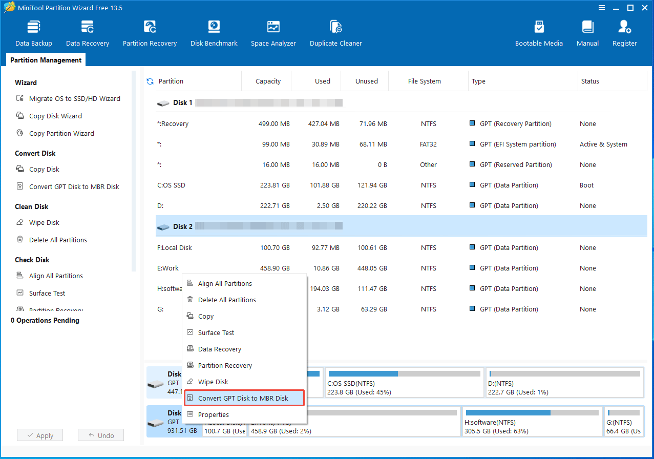 The MiniTool Partition Wizard window with Convert GPT Disk to MBR Disk selected.