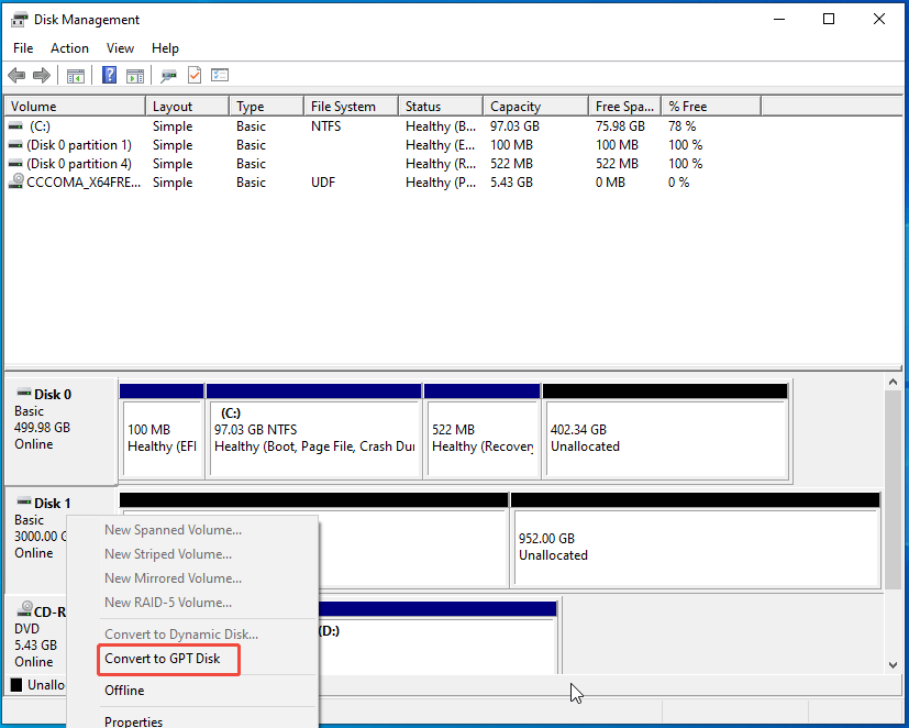 The Disk Management window with Convert to GPT Disk selected.