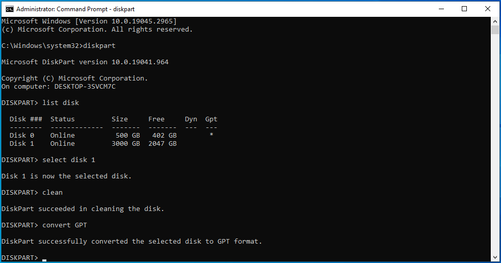 The Command Prompt window with the diskpart command to convert a disk to GPT.
