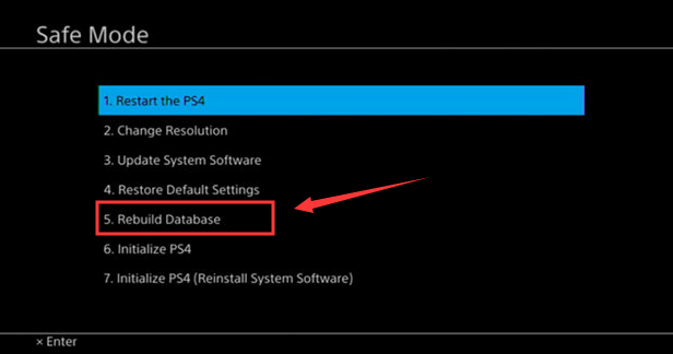 The Safe Mode interface of PS4 with the selected Rebuild Database option.