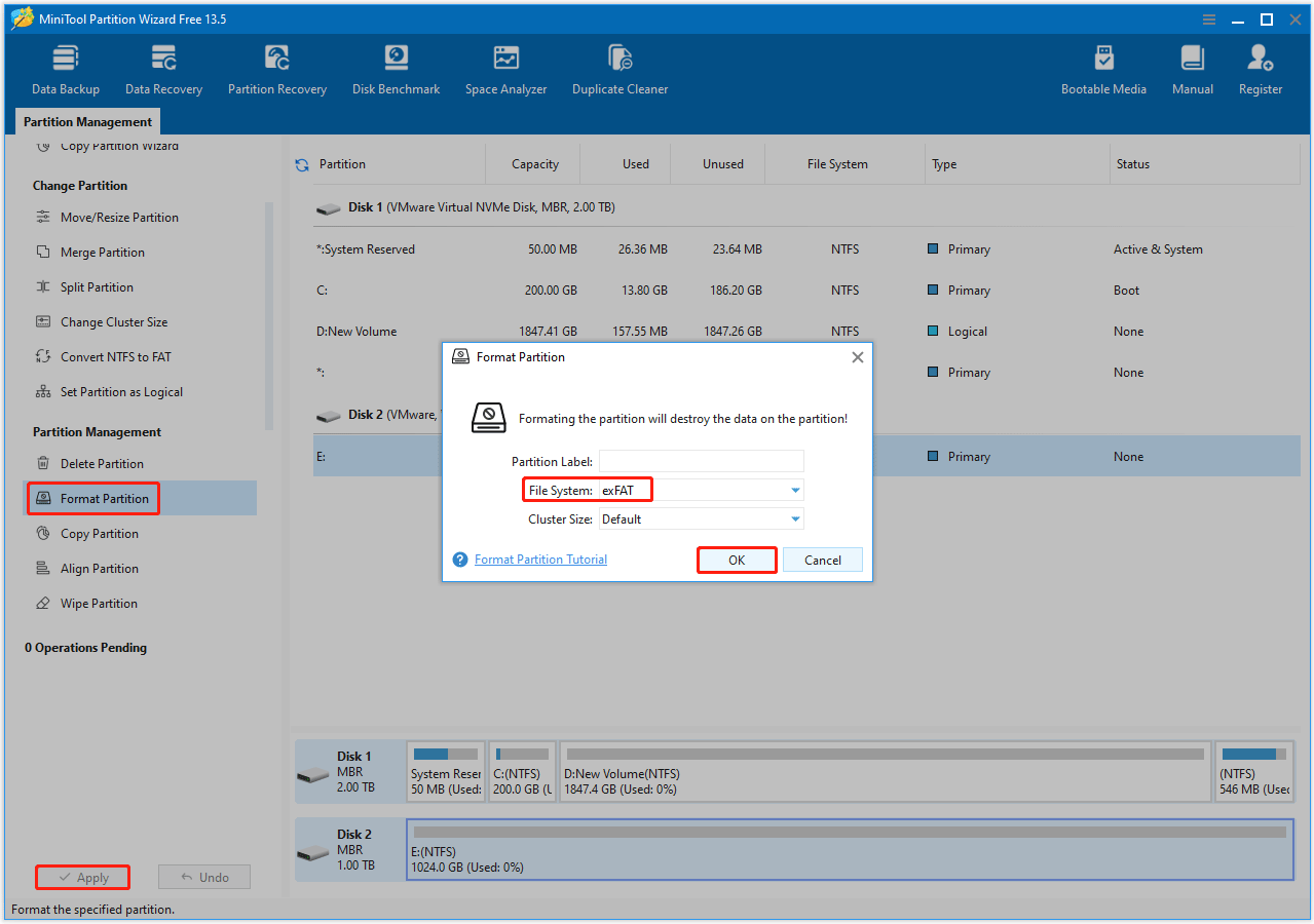 The MiniTool Partition Wizard interface with selected the Format Partition, File System, and Apply option.