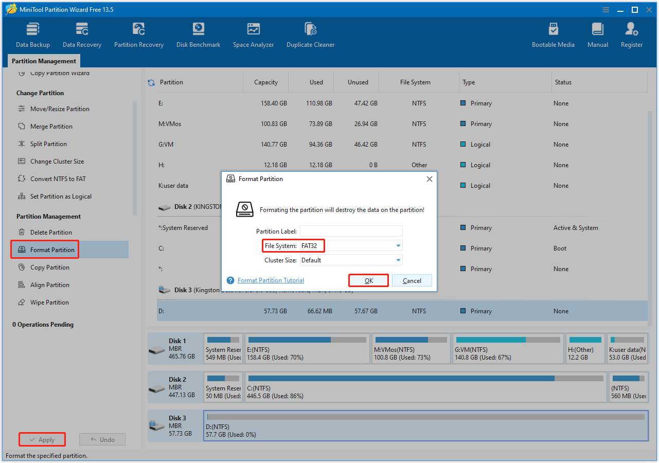 The image of a format larger than a 32GB USB drive to FAT32 in the MiniTool Partition Wizard interface.