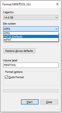 The File Explorer interface with the selected FAT32 and OK option.