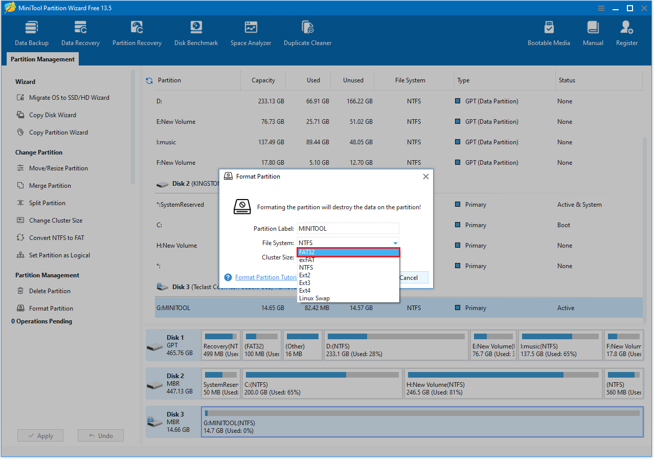 MiniTool Partition Wizard interface with the Format Partition and FAT32 File System option selected.