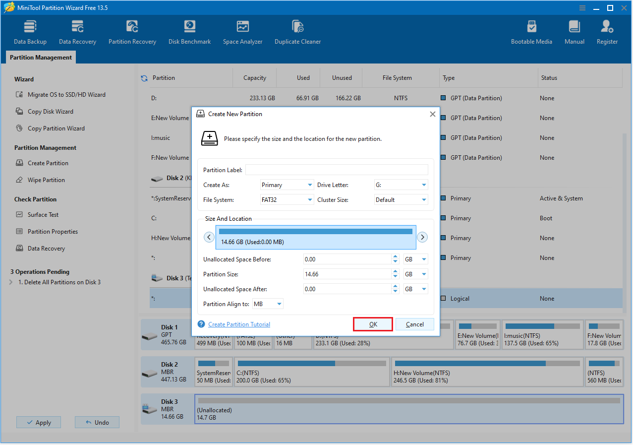 The Create New Partition interface in MiniTool Partition Wizard.