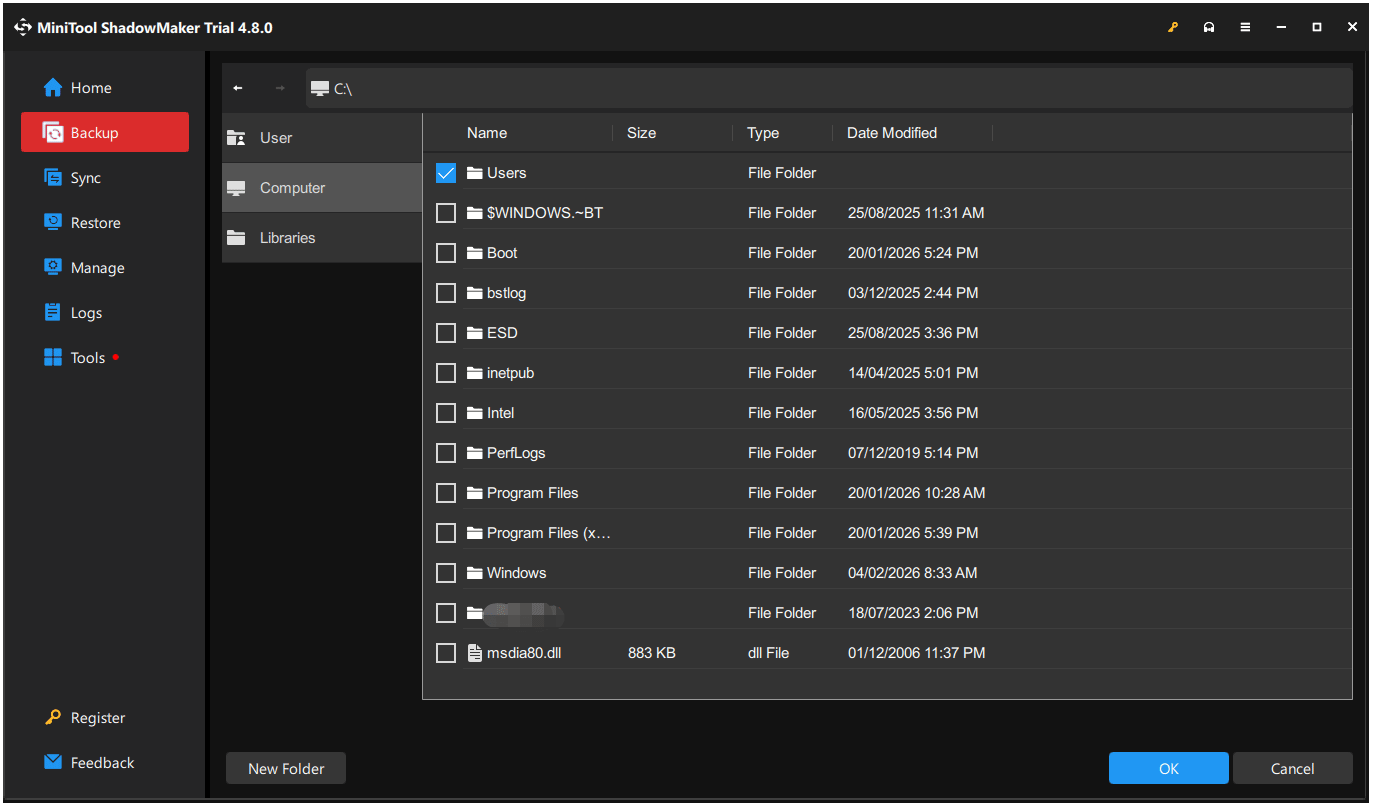 The process of selecting the source folder in the MiniTool ShadowMaker interface.