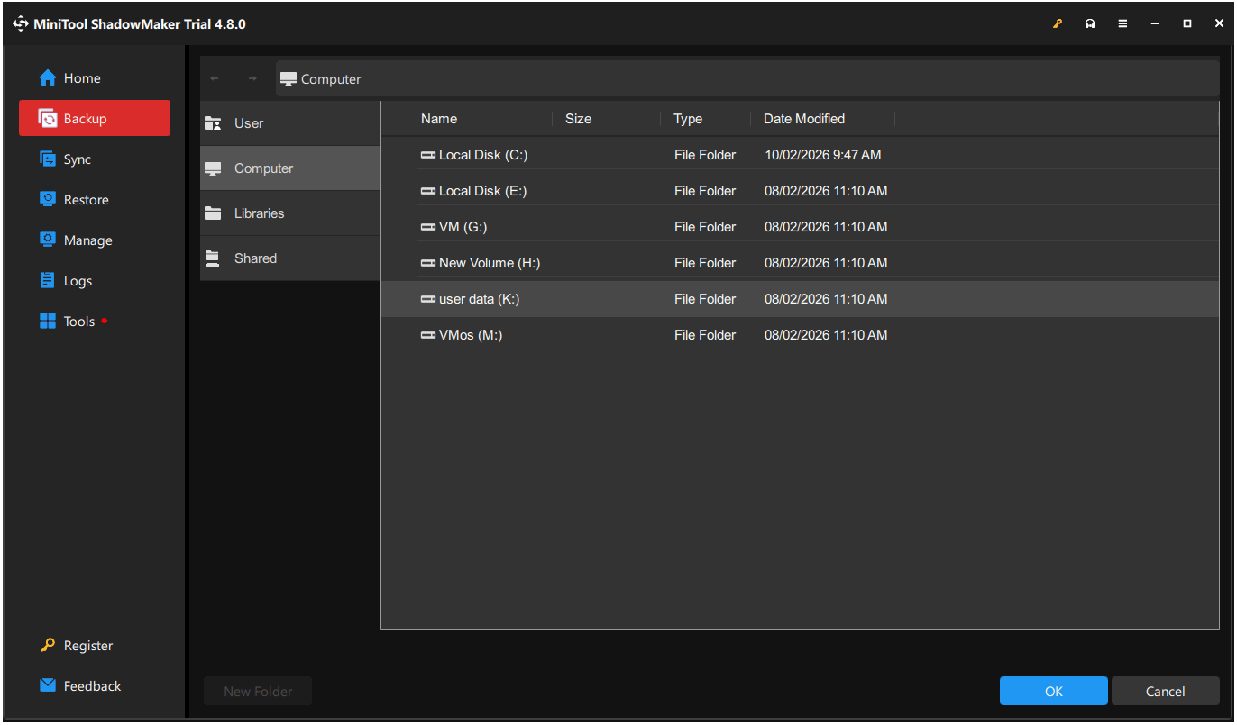 The process of selecting destination in the MiniTool ShadowMaker interface.
