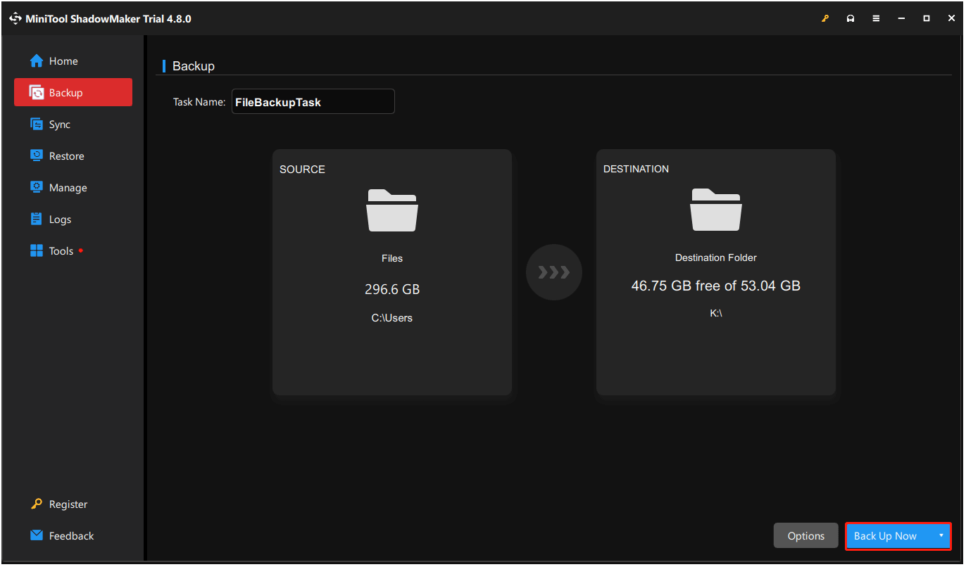 The Back Up Now option selected in the bottom right corner of MiniTool ShadowMaker.