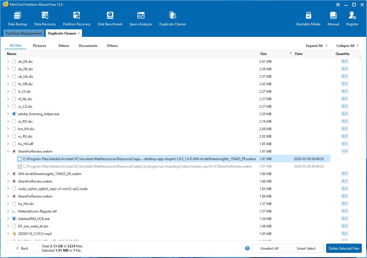 MiniTool Partition Wizard Duplicate Cleaner window with the selected duplicate files to delete.