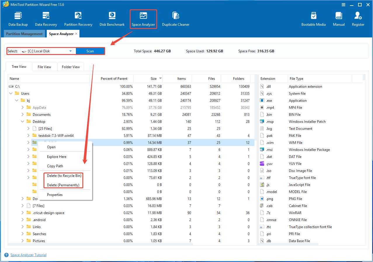 MiniTool Partition Wizard Space Analyzer window with the selected files to delete.