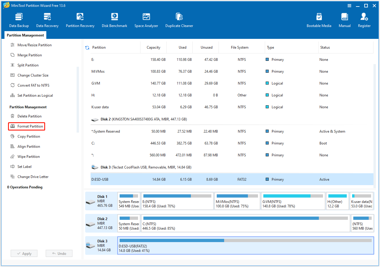 The Format Partition option on the left action panel of the MiniTool Partition Wizard interface.