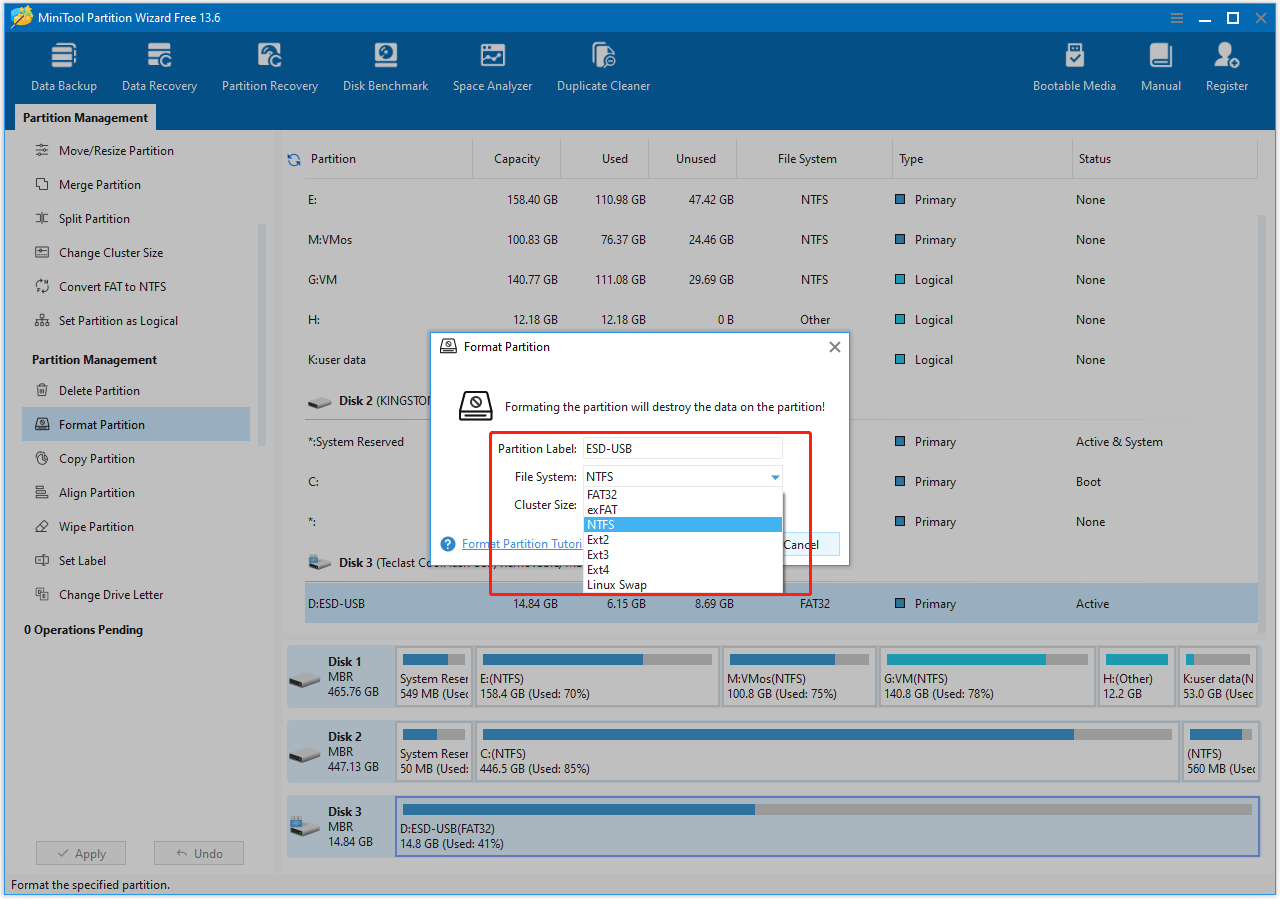 MiniTool Partition Wizard interface with the box showing Partition Label, File System, and Cluster Size.